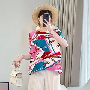 Women's Pleated Miyake Top Short-Sleeved T-Shirt Loose Fit All-Match Slimming Summer New Style Printed Pleated Design-Large Size
