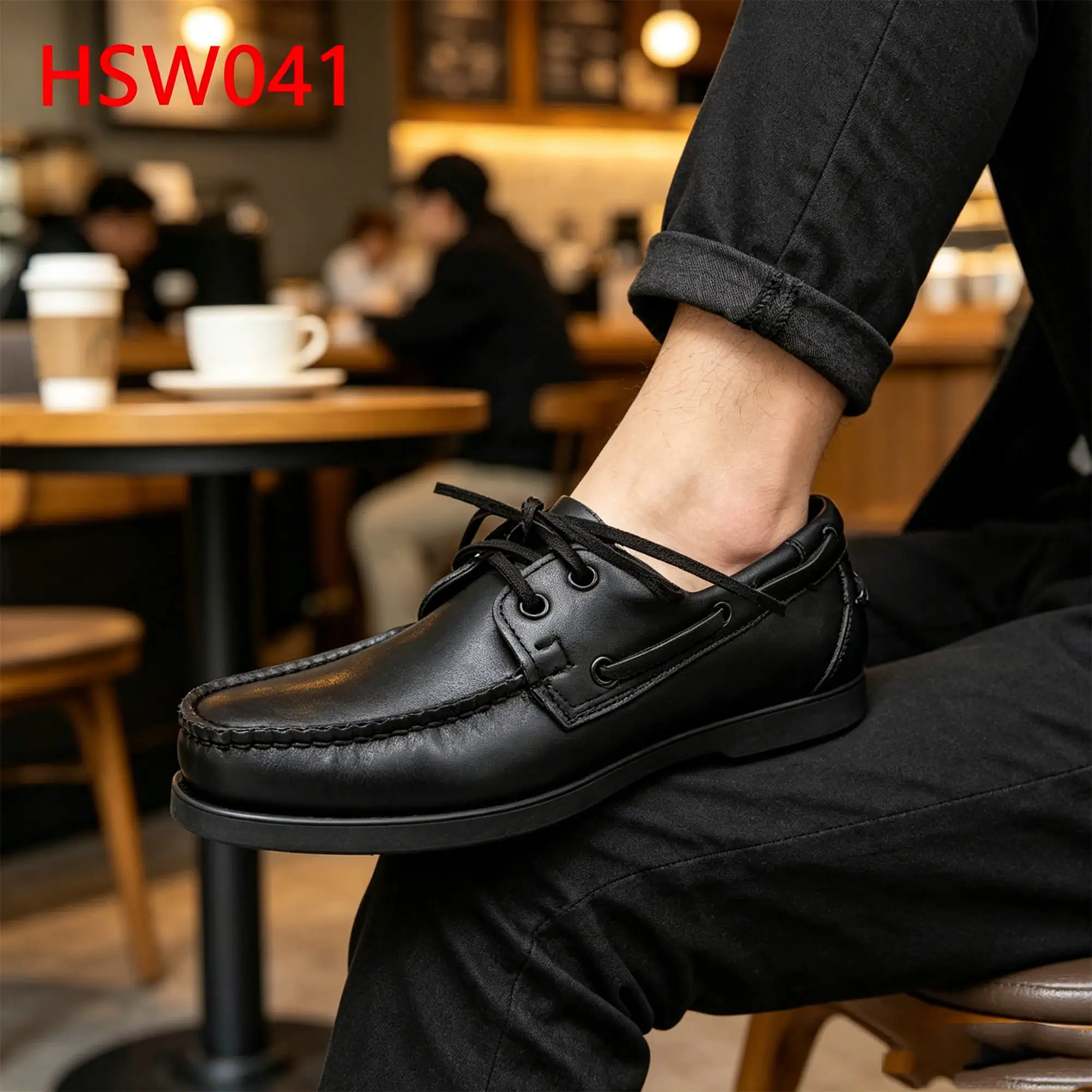 ZYF,Practical&convenient Lace up Style Full Black Boat Shoes Outdoor Activities Durable Rubber Outsole Loafer Shoes HSW041
