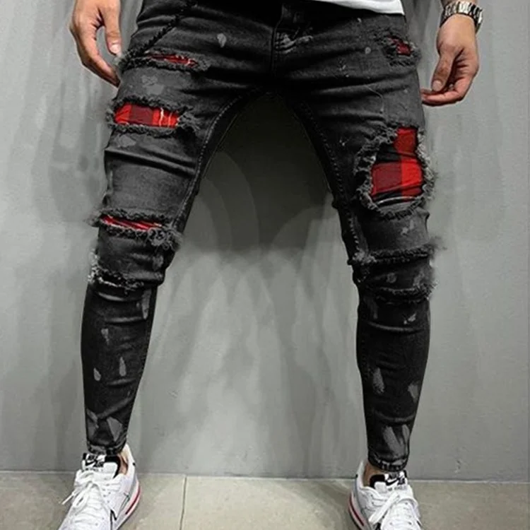 Custom Printed Distressed Ripped Skinny Stack Stacked Pants Denim Men ...