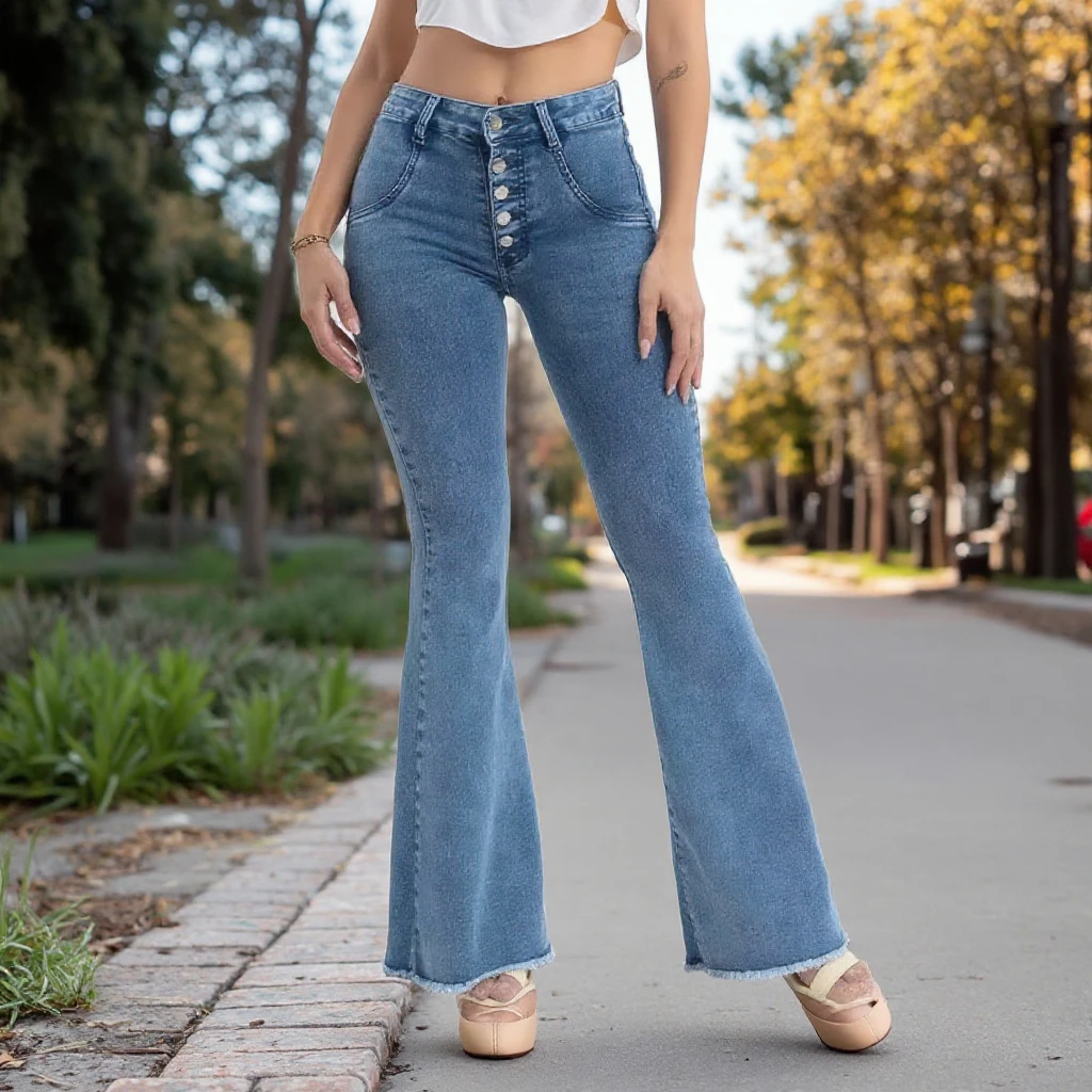 Button Jeans Bootcut High Waist  Stretch Women Jeans Pants Wholesale