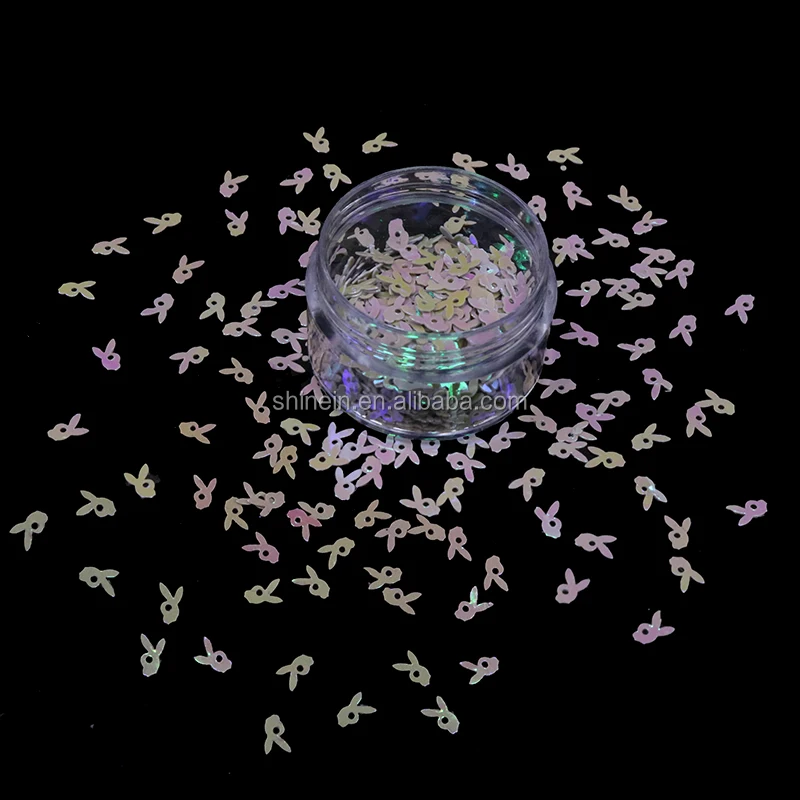 shinein批发动物激光全息兔子形状兔子闪光pvc宽松亮片兔头闪光女性