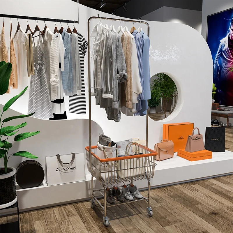2022 New Design Hanging Clothes Display Rack Metal with Wheel for Clothing Store Storage Stand