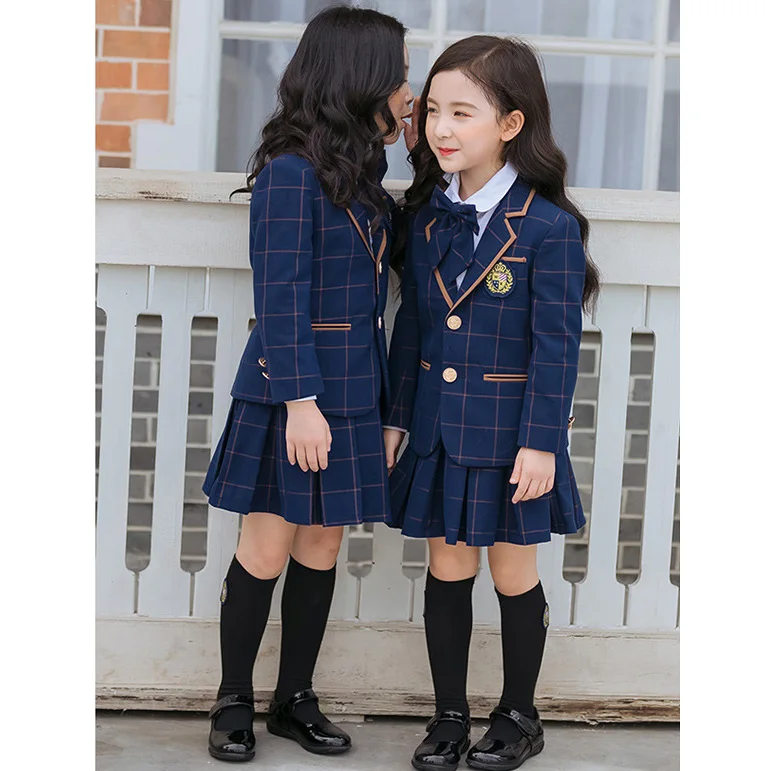 High School Uniforms Patterns for Girls and Boys Dark Blue Plaid School Uniforms Long Sleeve
