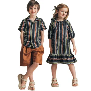 OEM ODM Brand's Khaki Shorts Striped Shirt Set 100% Cotton Premium Woven Fabric Fashion Casual Design for Boys' Everyday Summer