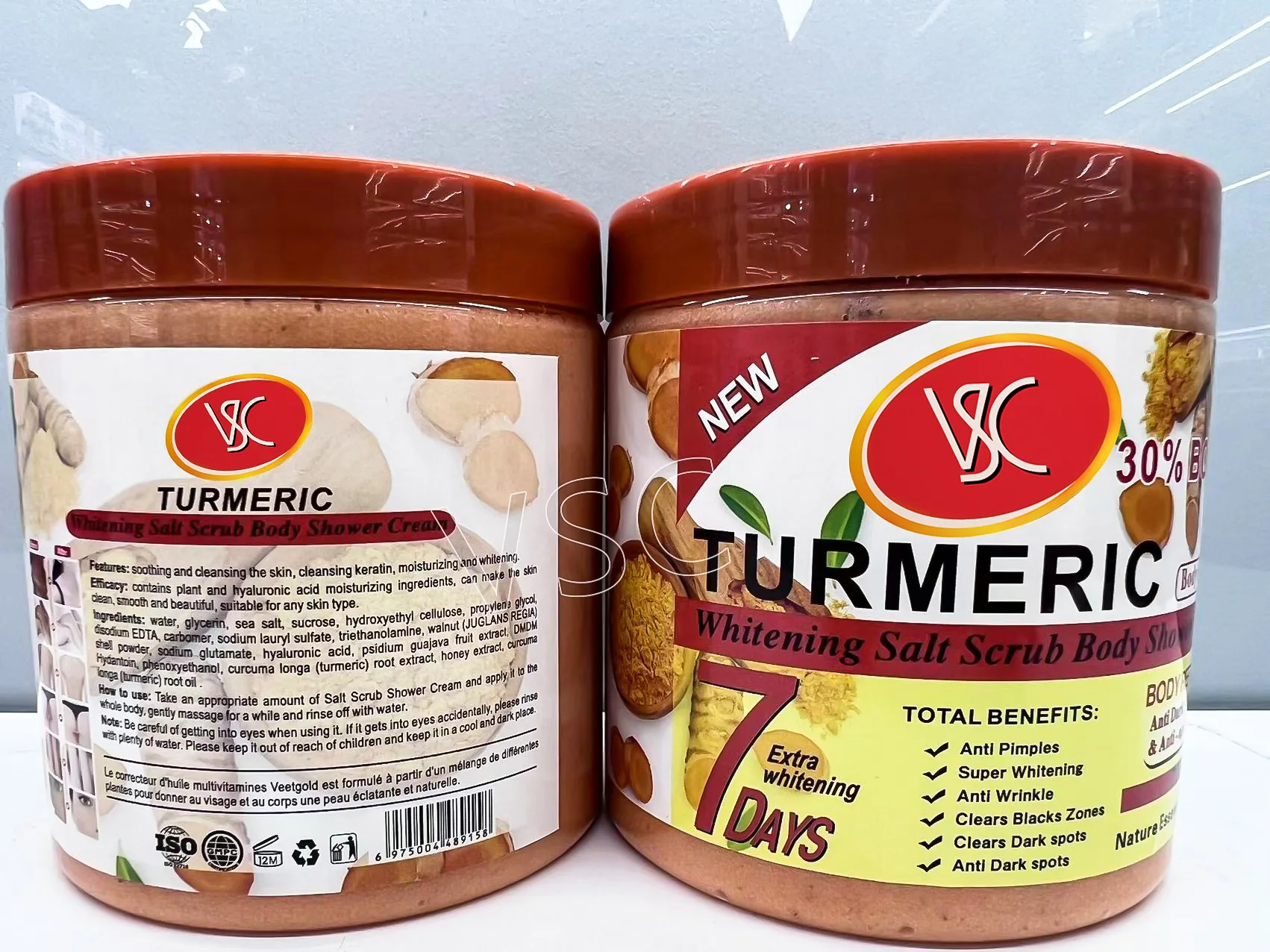 Gommage corporel au sel blanchissant au curcuma, crème de douche, vente en gros, éclaircissant, nettoyant pour le corps et le visage, exfoliant les taches brunes, soin de la peau