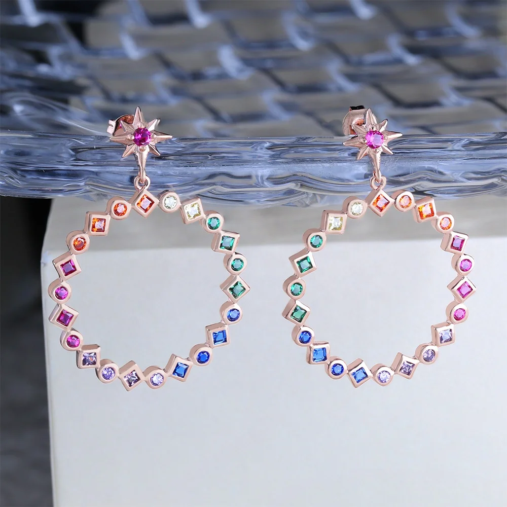 Fine Jewelry 925 Sterling Silver Earrings Pave Rainbow Gem Dangle 18K Rose Gold Hoop Earrings Jewelry