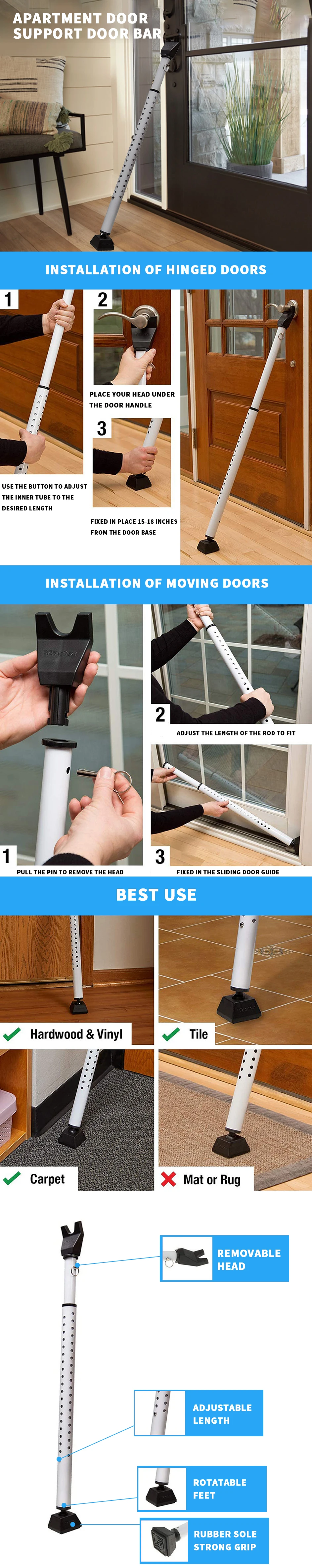 2in1 Adjustable Security Door Lock Bar Door Security Bar Heavy Duty