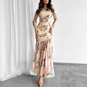New Elegant Floral Print Dress Mesh Long Sleeved Round Neck Women Dresses Waist Slimming Long Skirt for Spring