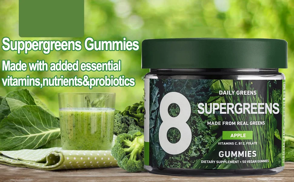 Organic Vegan Supergreens Gummies Vitamin Probiotics for Digestive Health&Liver Function&Immune System