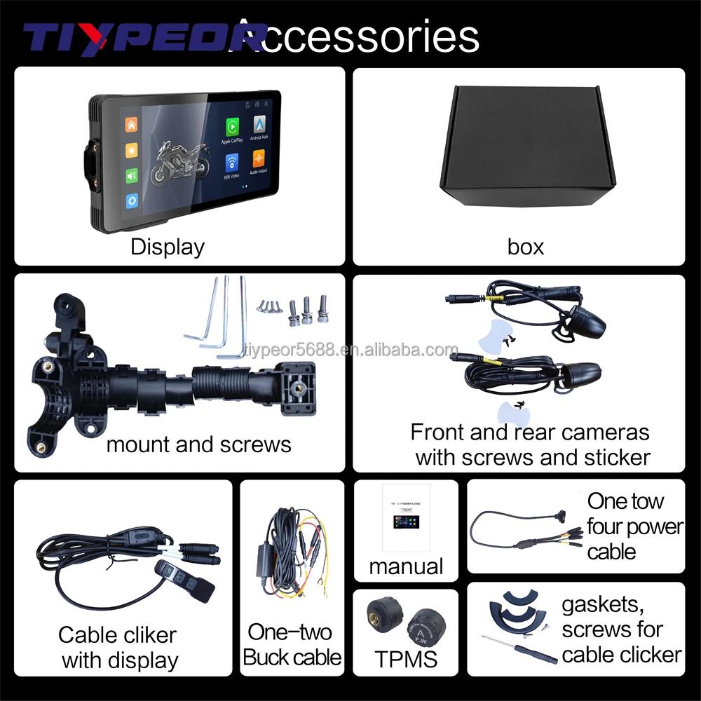 product tiypeor motorcycle wireless carplay android auto player with dvr loop record ips touch screen monitor bt wifi connection tpms-3