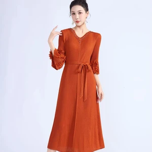 Elegant Miyake Pleated Dress Women's 3/4 Sleeve Beaded Decor Belted Slim Fit Midi Dress