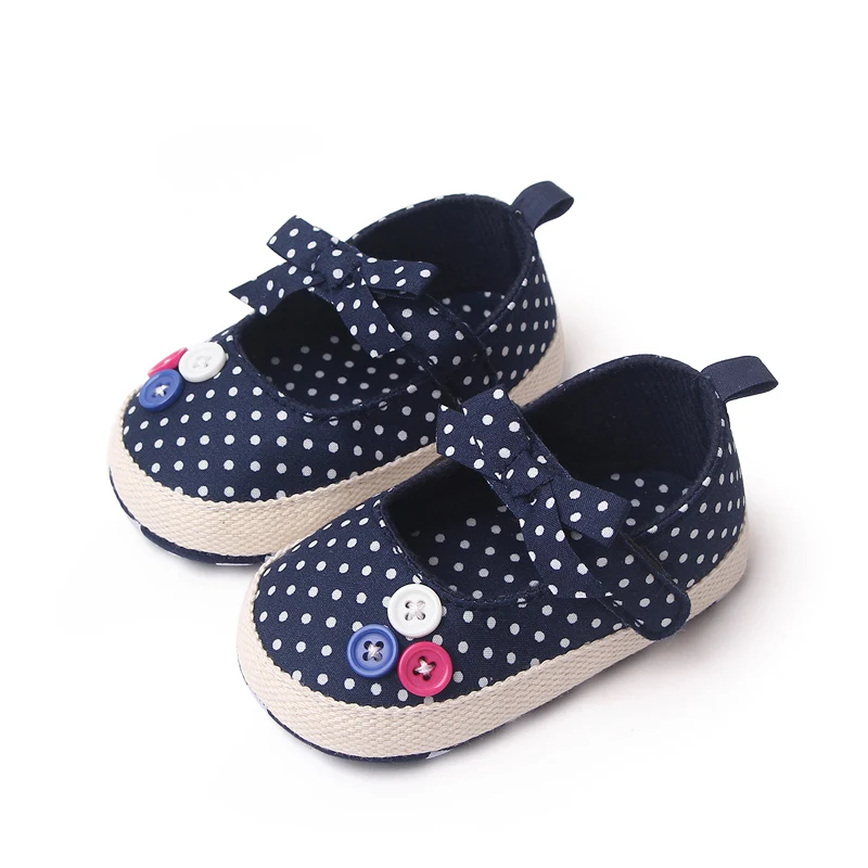 Solid Color Striped Polka-dot Bow Button Soft Soled Breathable Infants Toddler Shoes for Girls details
