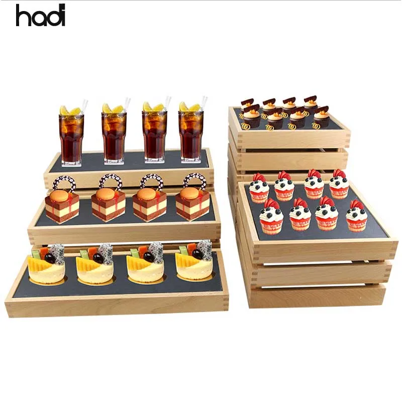 HADI 2段ウッドエレベーション ブラックラック バフェ用ディスプレイ台