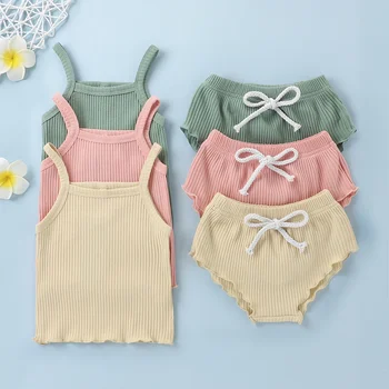 Wholesale summer cute new born baby girl shorts clothes 100% cotton 2pcs sleeveless boutiques solid baby girls vests
