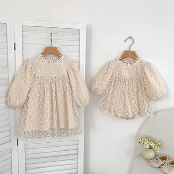 Girls' Dress Mesh Lace Baby Girl Crawling Suit Bottom Wrap Long-sleeved Embroidered Princess Dress Sister Children's Clothing