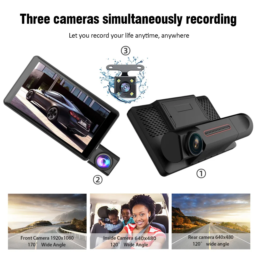 Cheapest 3 Lens Car Video Recorder HD1080P C3 Dash Cam Car Black Box 4inch IPS Camera Recorder Night Vision Loop Recording Dvr