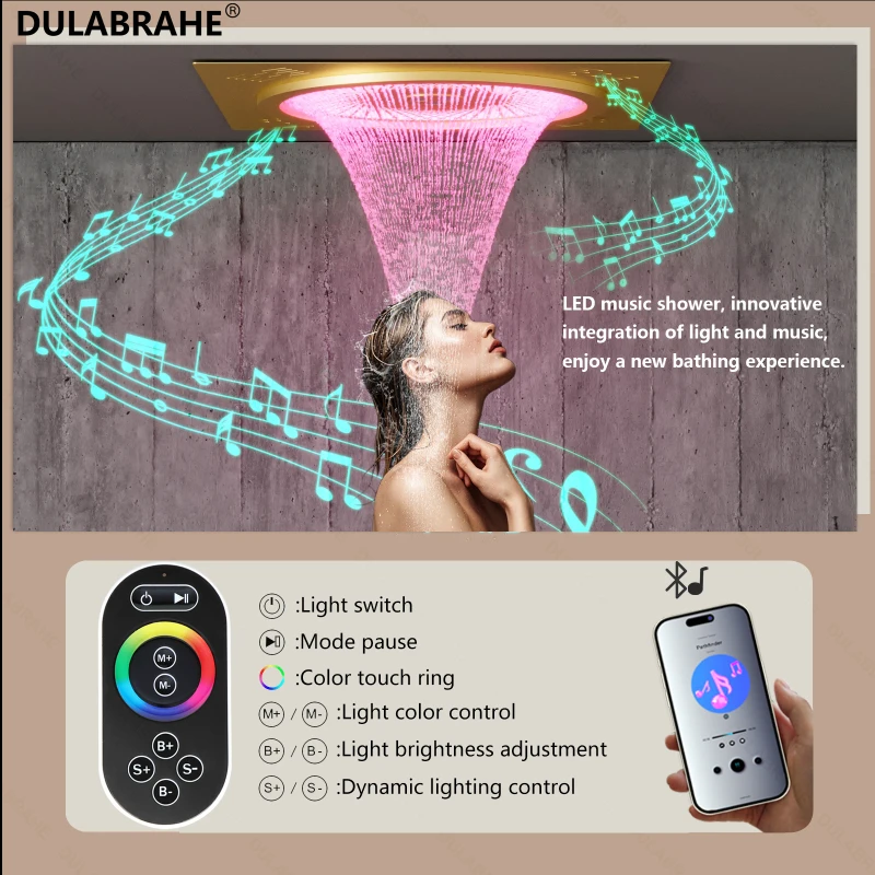 DULABRAHE Thermostatic Ceiling LED Rain Shower System Set Bathroom Brushed Gold 20 Inch Rainfall Shower Head With Music Sky City