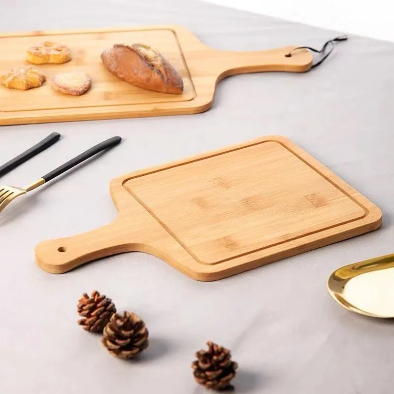 Bamboo Chopping Block Rectangle Wood Steak Board with Handle Hanging Hole for Serving Bread Cheese Plates Dishes