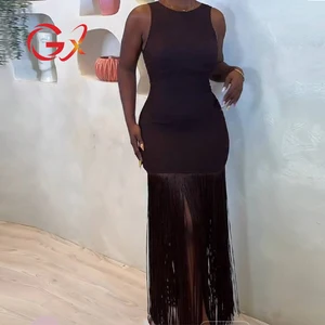 GX1240 Fashion Women Clothing Boutique Sleeveless Sexy Long Tassel Dress Irregular Backless Elegant Maxi Dresses