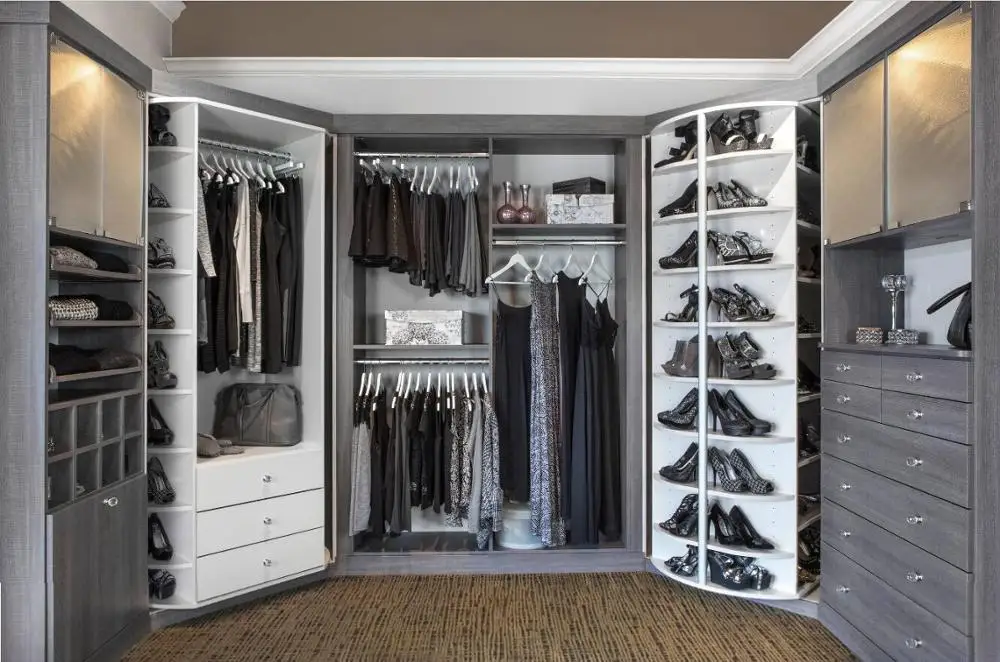 Walk in Wardrobe Closet With Rotating Shoe Rack in Amoires Design