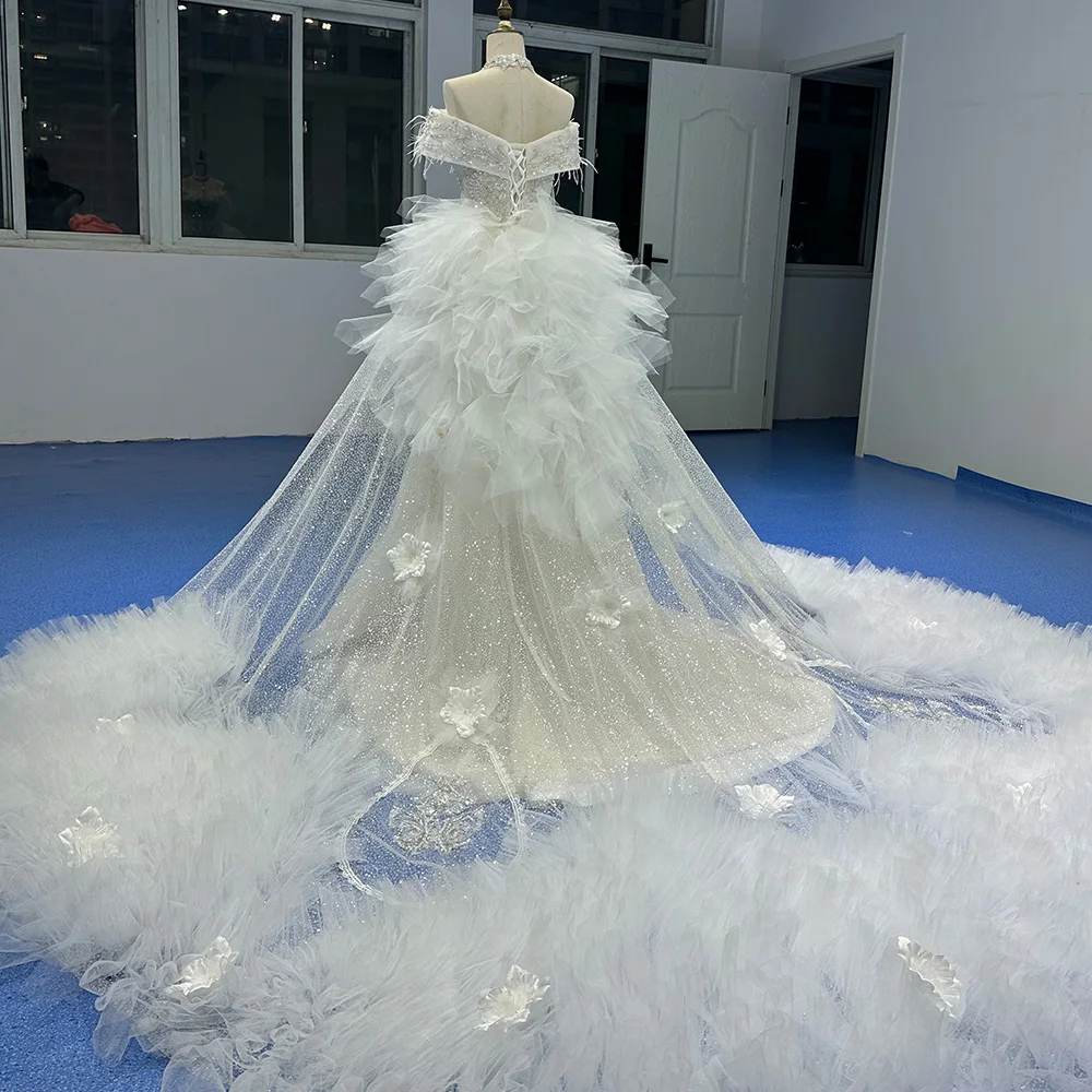knee length dresses for ladies Halter Neck Lace Mermaid Wedding Dress with Feather-trimmed Sleeves main image 1