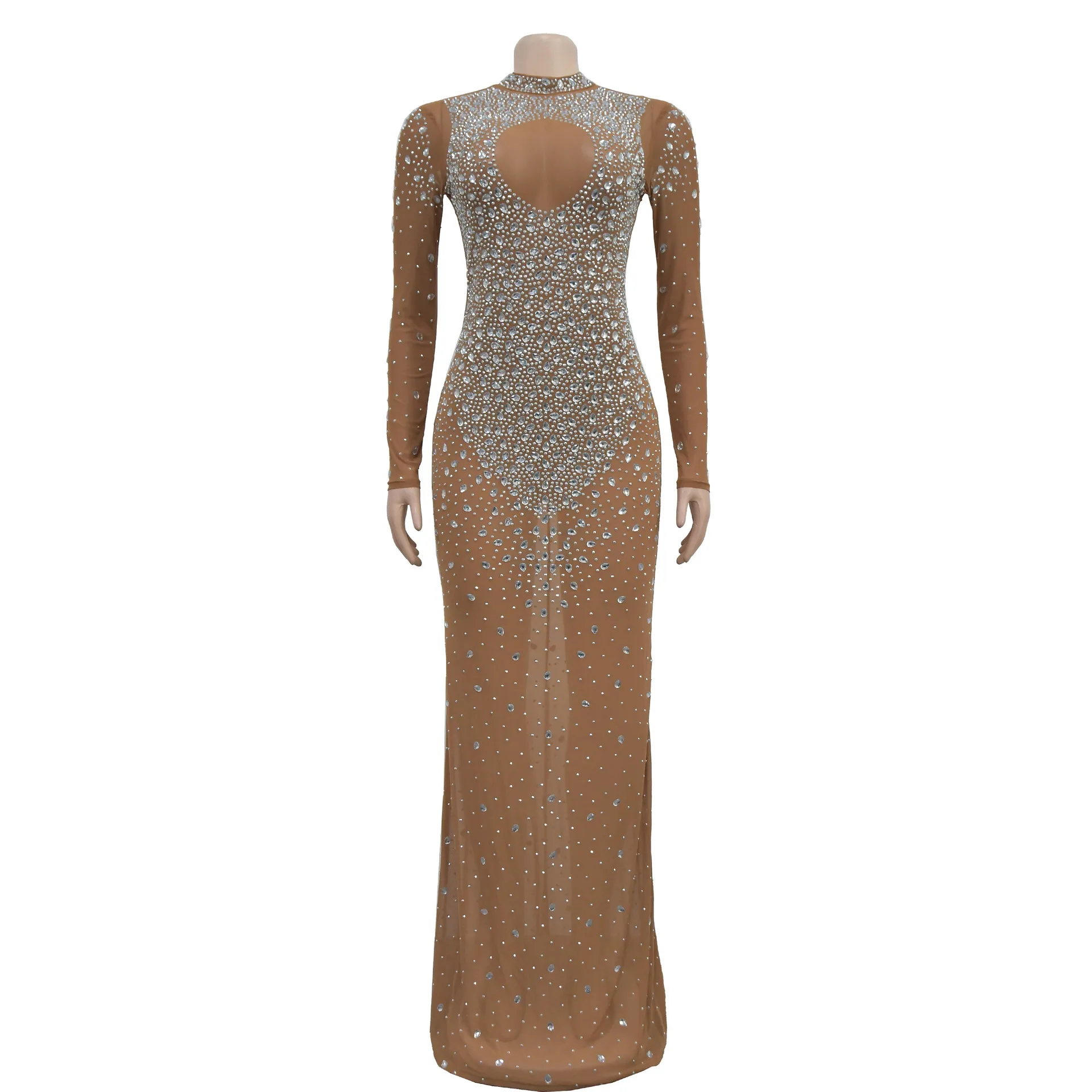 C6993 Latest Design Party Dresses Women Round Neck Beaded Rhinestone Long  Maxi Dresses Women Bodycon Evening Dresses