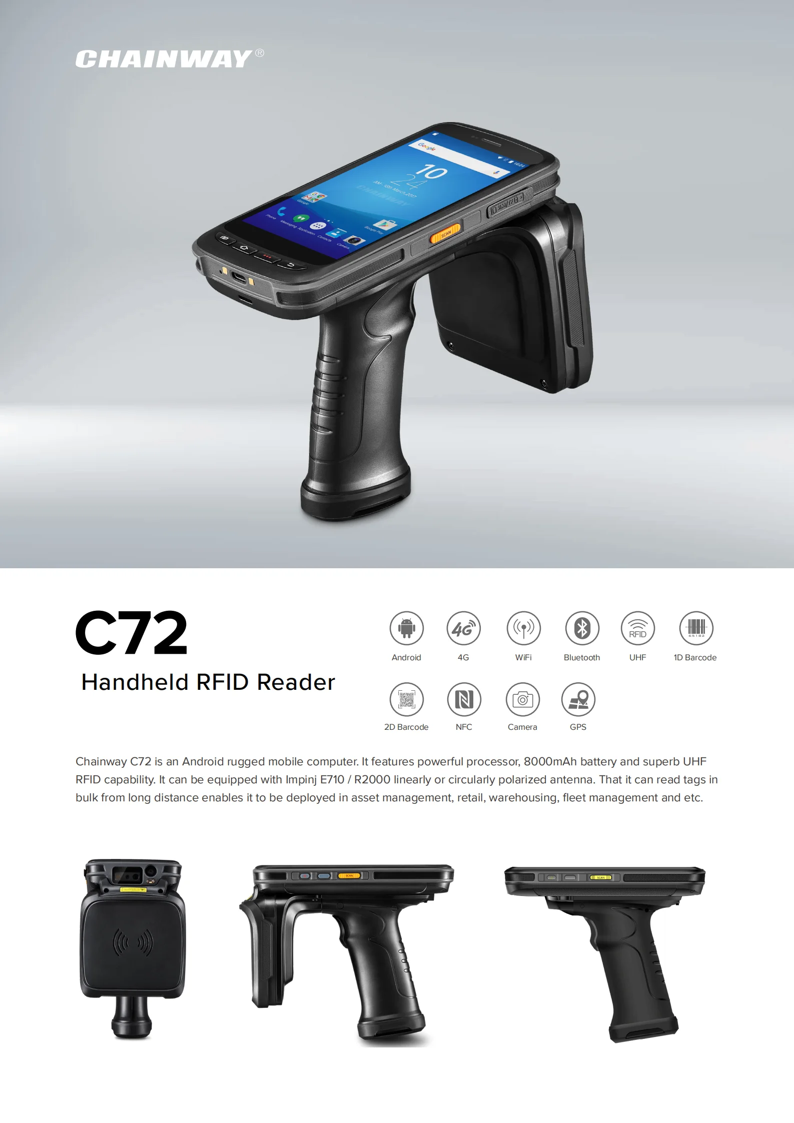 Chainway-lector De Rfid Uhf Portátil C72,865-868mhz,Android 11,De Largo ...