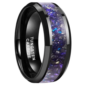 Coolstyle Jewelry 8mm Mens Womens Fashion Engagement Wedding Band Meteorite Purple Glasses Chip Inlay Black Tungsten Ring