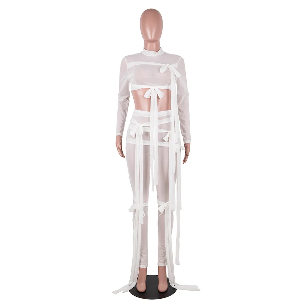 2021 new arrivals summer Women Long Sleeve Crop top Transparent Mesh see through sexy Bodycon pants two piece set women clothing