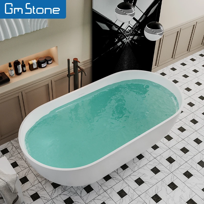 GM Luxury 1.5m White Oval Resin Artificial Stone Freestanding Bathtub Modern Romantic Design with Overflow for Hotel Soaking