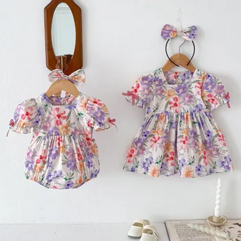 2024 Summer baby rompers newborn short sleeve lace sisters outfit baby girl flower dress triangle rompers