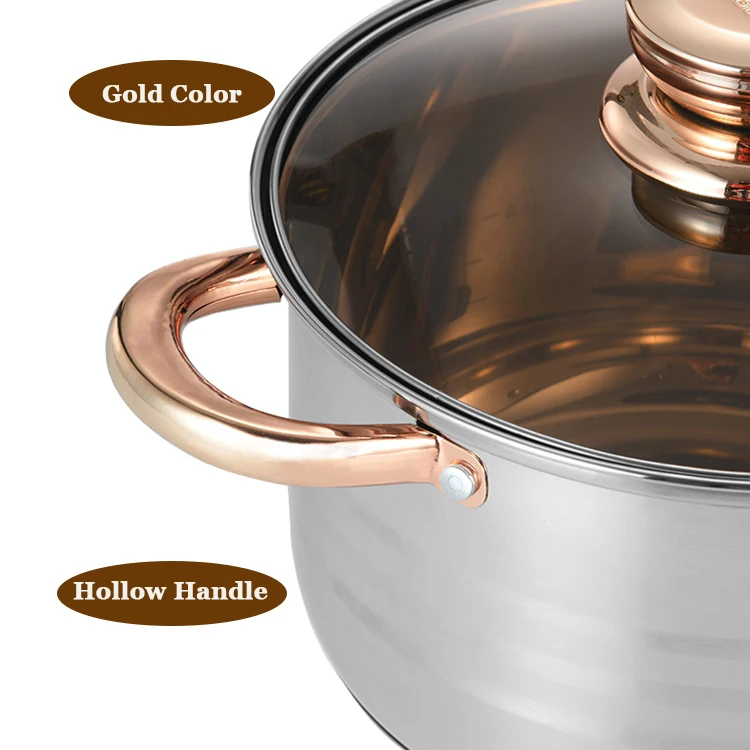 Manufacturer Wholesale 6pcs Kitchen Ware Set Stainless Steel Gold Cooking Pot Non Stick Cookware