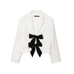 Notched Collar Solid Woven Breathable Long Sleeve White Color Casual Fashion Blazer Jacket for Women