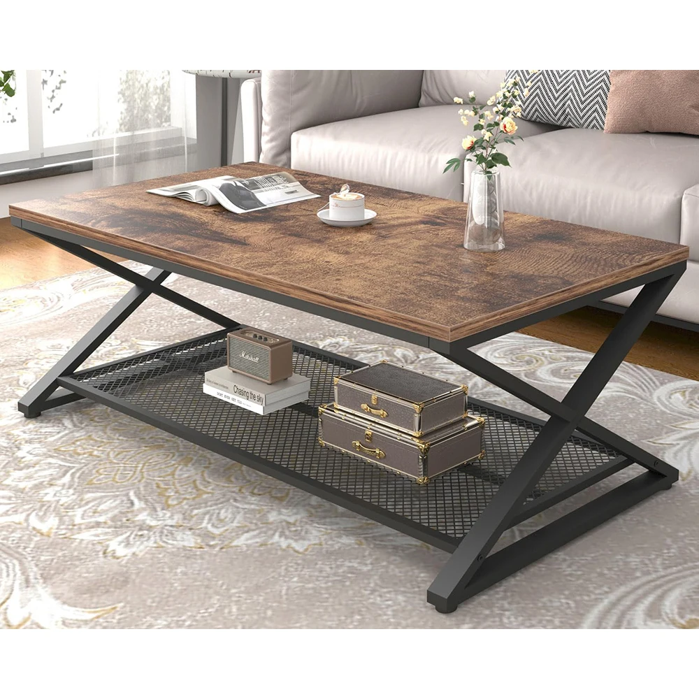 product modern coffee table storage industrial wood metal 2 tier mesh shelf living room table low rectangle cocktail tea table office-6