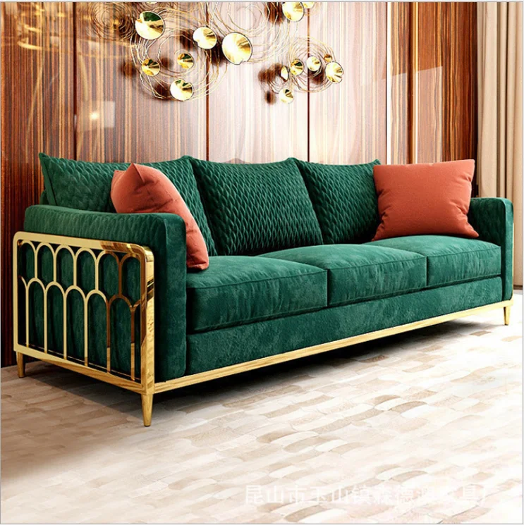 高級ソファー グリーン ベルベット 緑のベルベット生地布張りのリビングルームのソファセット豪華な金色の