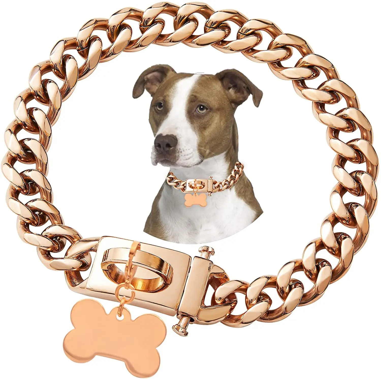 Rose Golden Heavy Duty Chew Proof Thick Width 14mm Metal Walking Secure Buckle Dog Chain Collar