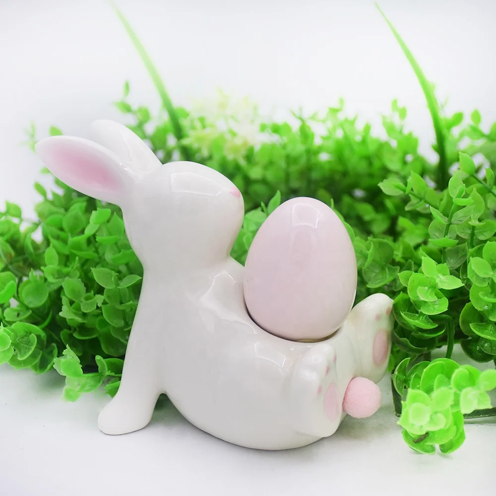 Happy Easter Dolomite Easter Ornament Cute Easter Bunny Egg White Rabbit Desktop Porcelain Figurine for Home Decoration Indoor