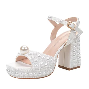 Women's Summer Outdoor Open Toe Pearl Platform Heels Chunky Buckle Ankle Strap Wedding Heeled Dress Evening Bride Bridal Shoes