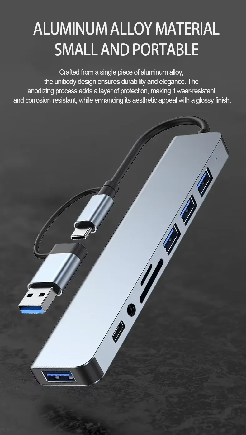8 in 1 USB C Hub Dual Port USB a and Type C Adapter with 4K HDMI PD Charging RJ45 Ethernet USB 3.0 SD TF for Laptop MacBook PC