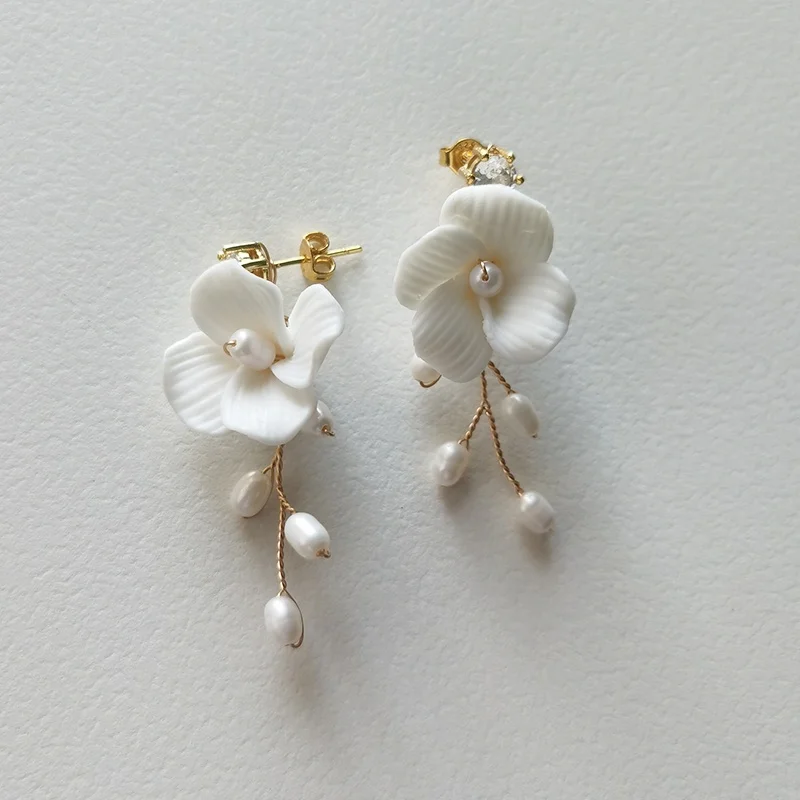 Mixed Styles Handmade Ceramic Flower Bridal Earring Wedding Pearl Earrings Fashion Women aperçu 3
