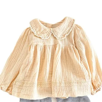 2025 Autumn Girls Fashion Baby Shirt Casual All-match Pastoral Style Collar Lace Quilted Long-sleeved Sweet Cute Top for Kids
