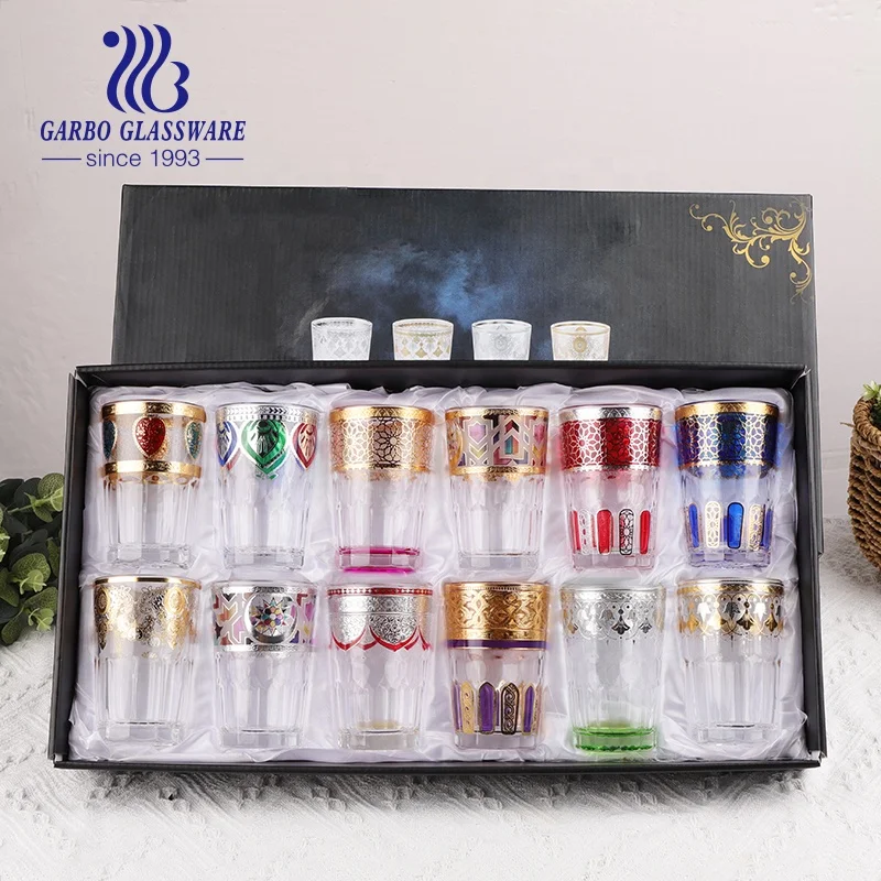 Оптовая продажа, 12 шт. в упаковке, роскошная Подарочная коробка, красочная наклейка, дизайн, мини-размер, 7 унций, марокканская Арабская чашка для кофе и чая, стеклянная кружка