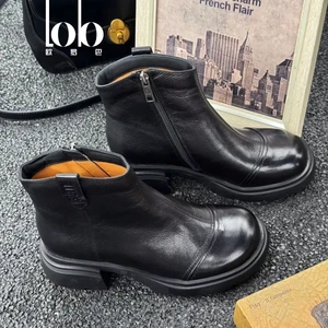 Women's Retro Slim Fit Side Zipper Winter Boots, Breathable Genuine Leather, Solid Color Pattern Women's Shoes