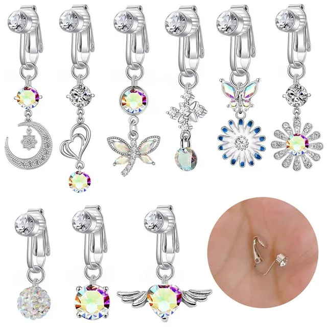 Hot selling free piercing zircon false navel button color zircon pendant umbilical nail fashion earclip earrings wholesale