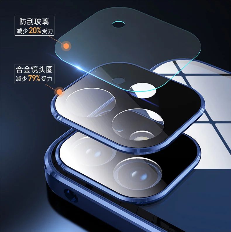 360 Full Protection Privacy Glass Case with Magnetic Metal Bumper and Lens Protection Film for iPhone 15 14 Pro Cell Phone Case