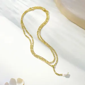 European American Fashion Light Luxury Natural Freshwater Pearl 18K Gold Plated Cuban Chain Adjustable Necklace