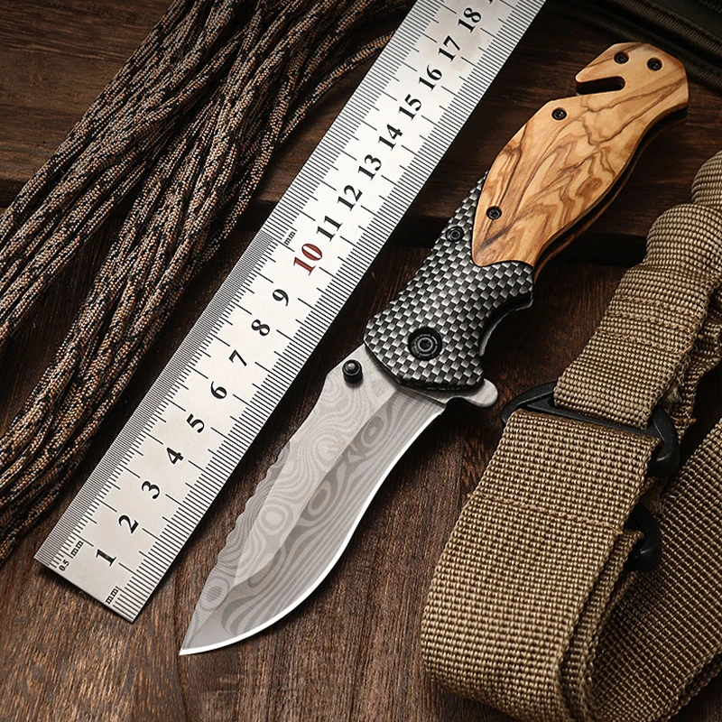 X50 Custom Damascus Laser Pattern Steel Knife Blade with Olive Wood Handle Outdoor Camping Survival Hunting Camping Pocket Knife