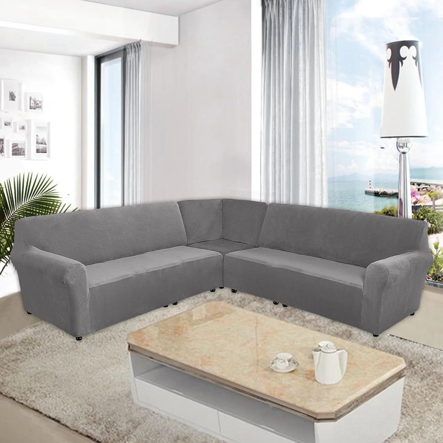 Luxury Velvet Soft Stretchy U Shaped Sofa Slipcover Couch L Shape 7