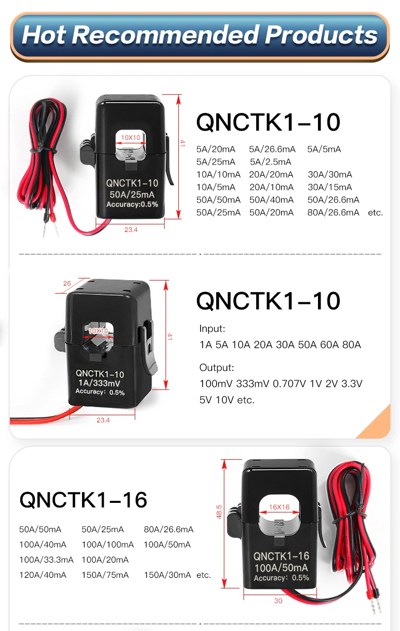 Split Core Current Transformer QNCTK1-10 1A 1V 50A 333mV 100A 0.707V 150A 5V 20A 3.33V 80A Open Type Current Sensor Clamp CT