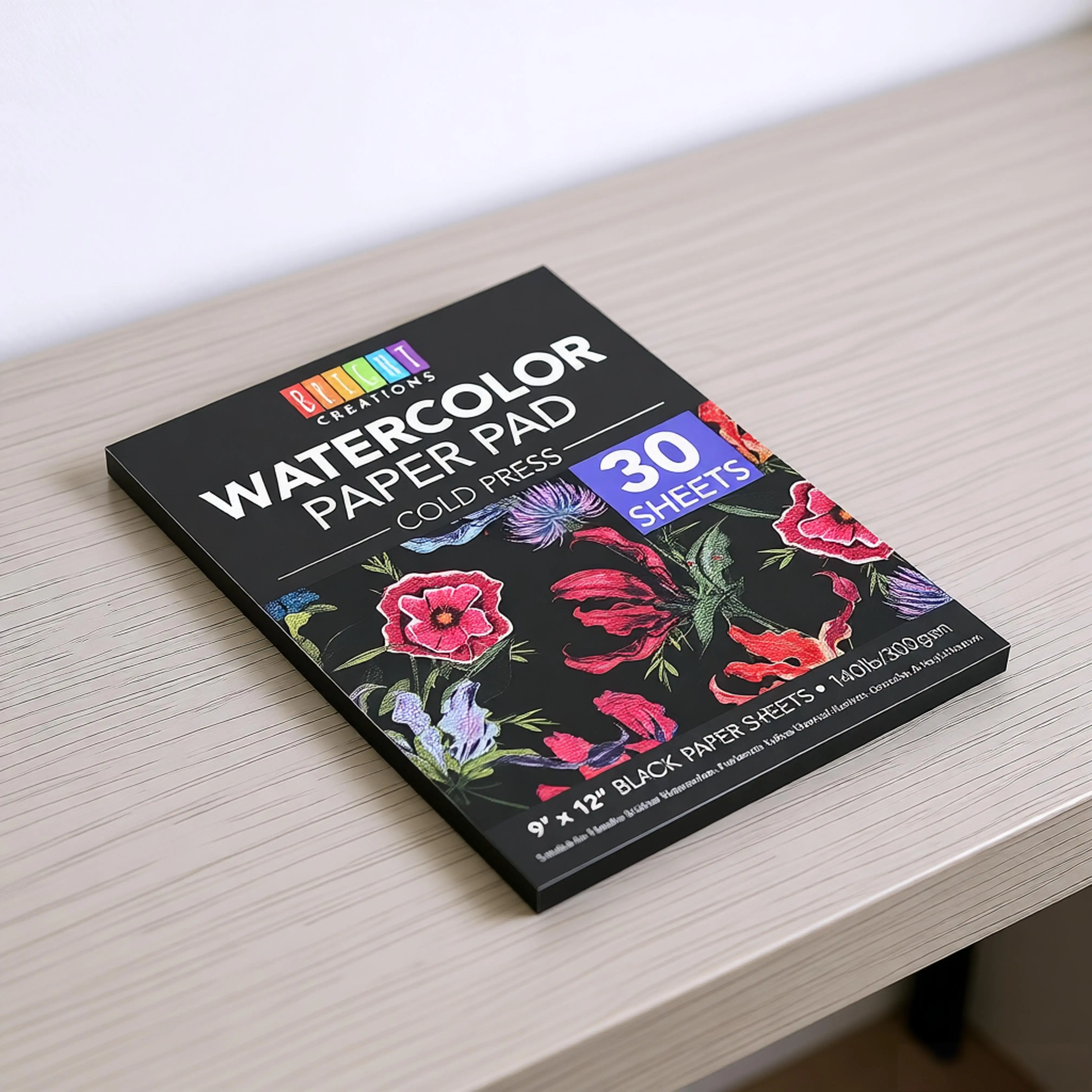Svart papir, kaldpresset akvarelltegnebok med 300 g/m² tykt syrefritt papir, skissebok for kunstnere og illustratører